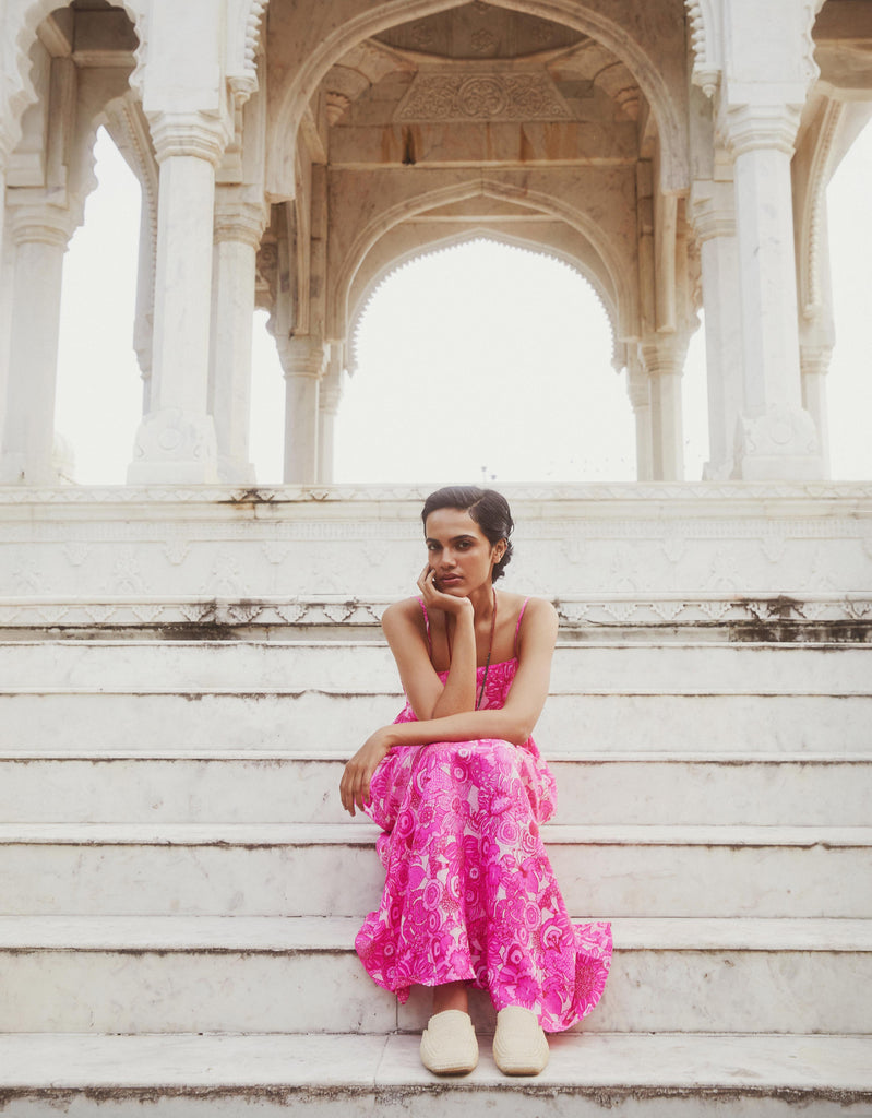 Model on stairs in Oilily dress